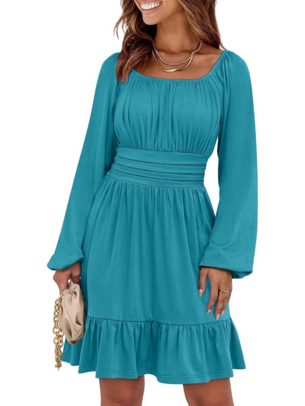 Chic Long Lantern Sleeve Square Neck Fall Dress for Women - Perfect for Any
